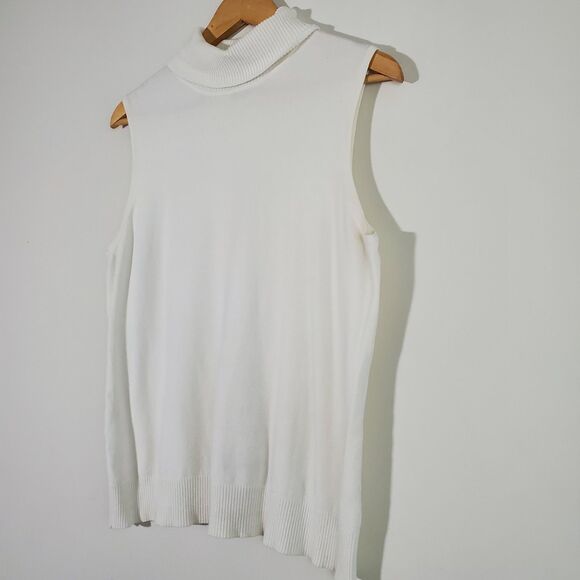 Cable & Gauge Sweater Large White Turtleneck Sleeveless Capsule Wardrobe Minimal - Picture 5 of 12